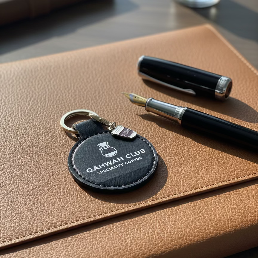 Black keychain with 'Qahwah Club Speciality Coffee' text on a light gray background